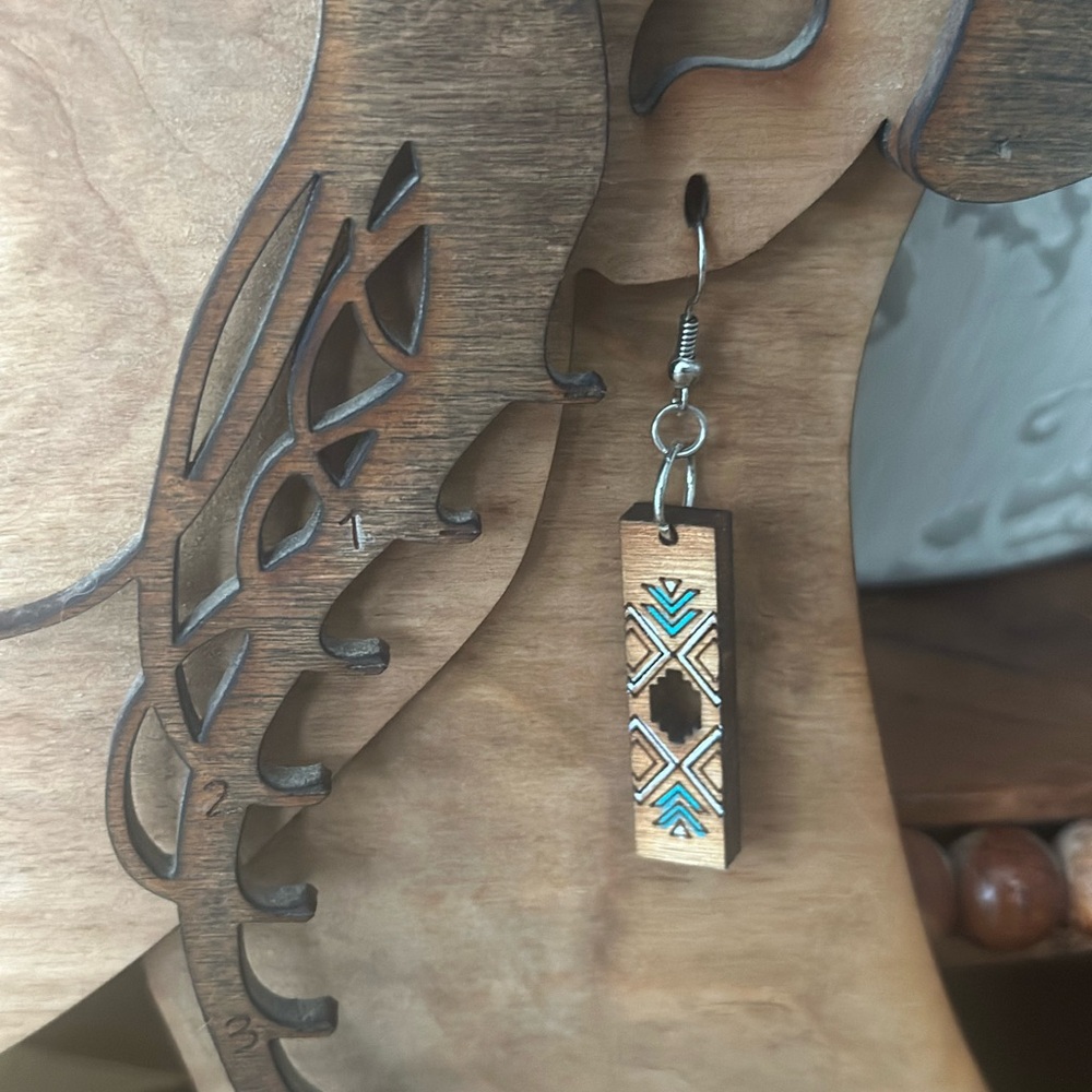 tribal turquoise and white aztec cutout design earrings